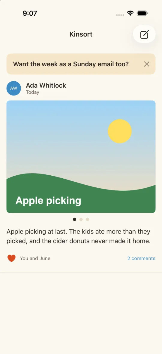 The Kinsort feed: a post from Ada Whitlock with a photo of apple picking, two hearts and two comments.